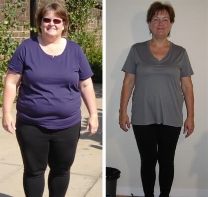 A woman stands outside in a purple shirt and black pants in a before photo on the left, and indoors in a gray shirt and black pants in an after photo on the right, showing weight loss.