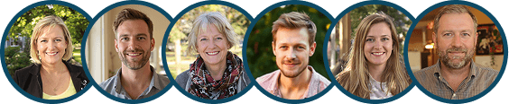Six people smiling in individual circular portraits against outdoor backgrounds.