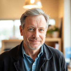 Man with gray hair and a beard, wearing a blue shirt and a dark jacket, smiles while seated in a room with bookshelves and soft lighting.
