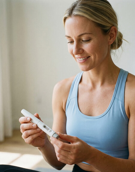 A woman in a light blue tank top holds and looks at a white medical device, possibly an insulin pen, in a well-lit room.